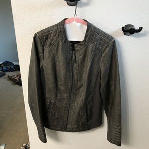 Gray faux leather jacket with removable hood